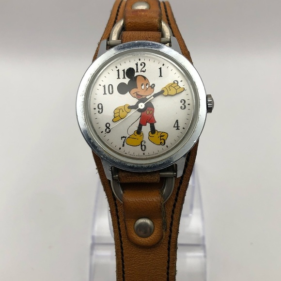 Disney Timex Vintage Mickey Mouse Unisex Watch Brown Band (Needs Battery) Works main image 7
